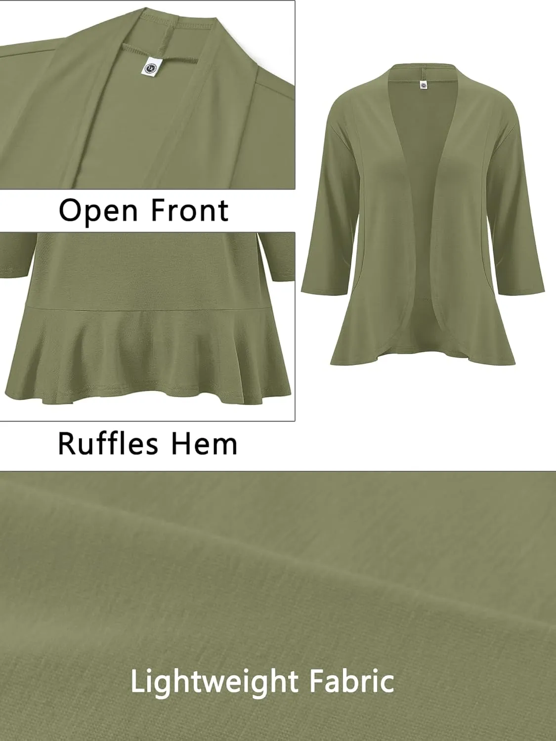 AusLook Women's Plus Size 3/4 Sleeves Lightweight Open Front Cardigan Draped Ruffles Shawls and Wraps Shrugs Kimono Jacket