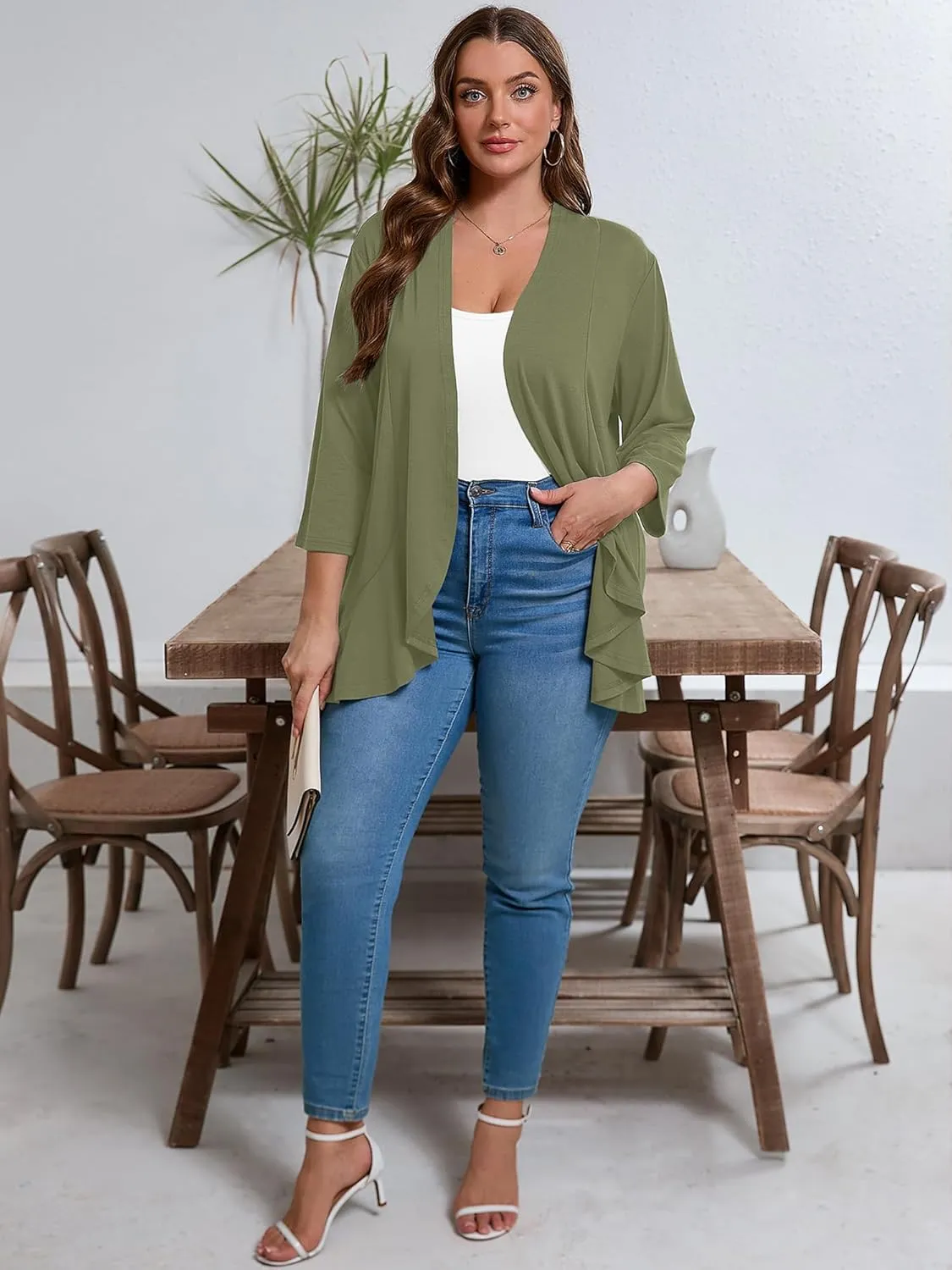 AusLook Women's Plus Size 3/4 Sleeves Lightweight Open Front Cardigan Draped Ruffles Shawls and Wraps Shrugs Kimono Jacket