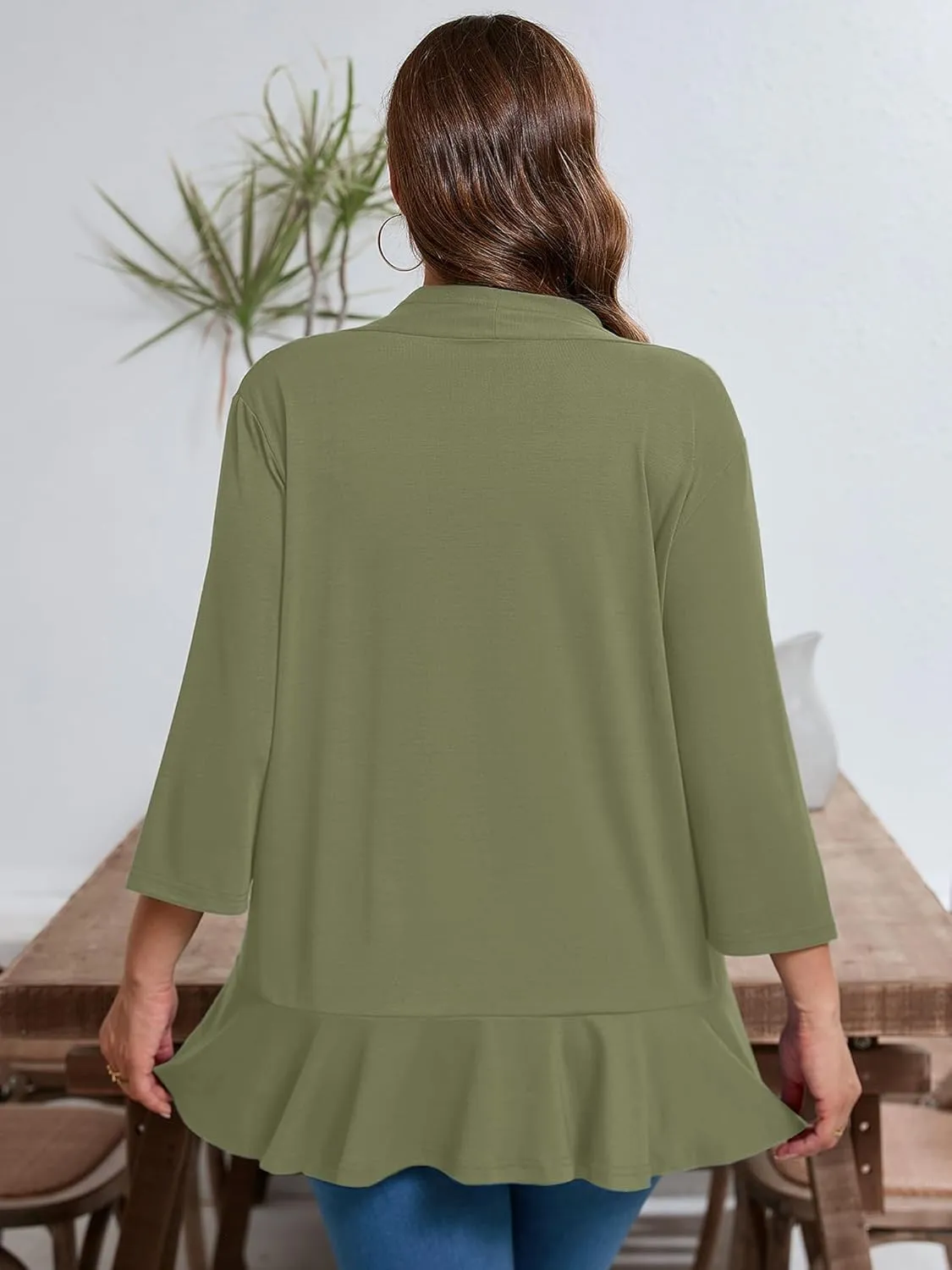 AusLook Women's Plus Size 3/4 Sleeves Lightweight Open Front Cardigan Draped Ruffles Shawls and Wraps Shrugs Kimono Jacket