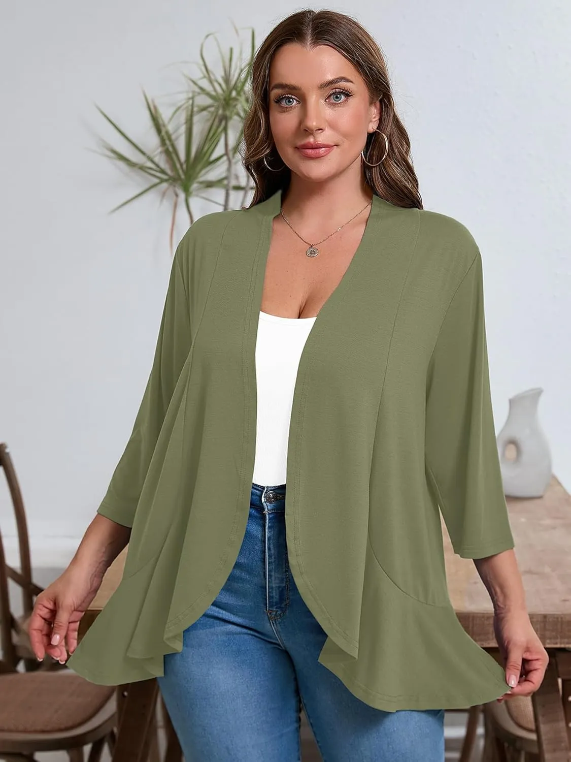 AusLook Women's Plus Size 3/4 Sleeves Lightweight Open Front Cardigan Draped Ruffles Shawls and Wraps Shrugs Kimono Jacket