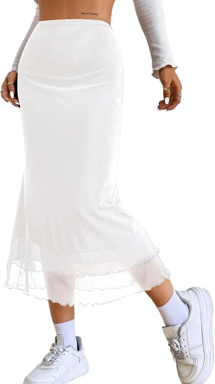 Avanova Women Mesh High Waist Midi Skirt Fishtail Bodycon Long Skirt