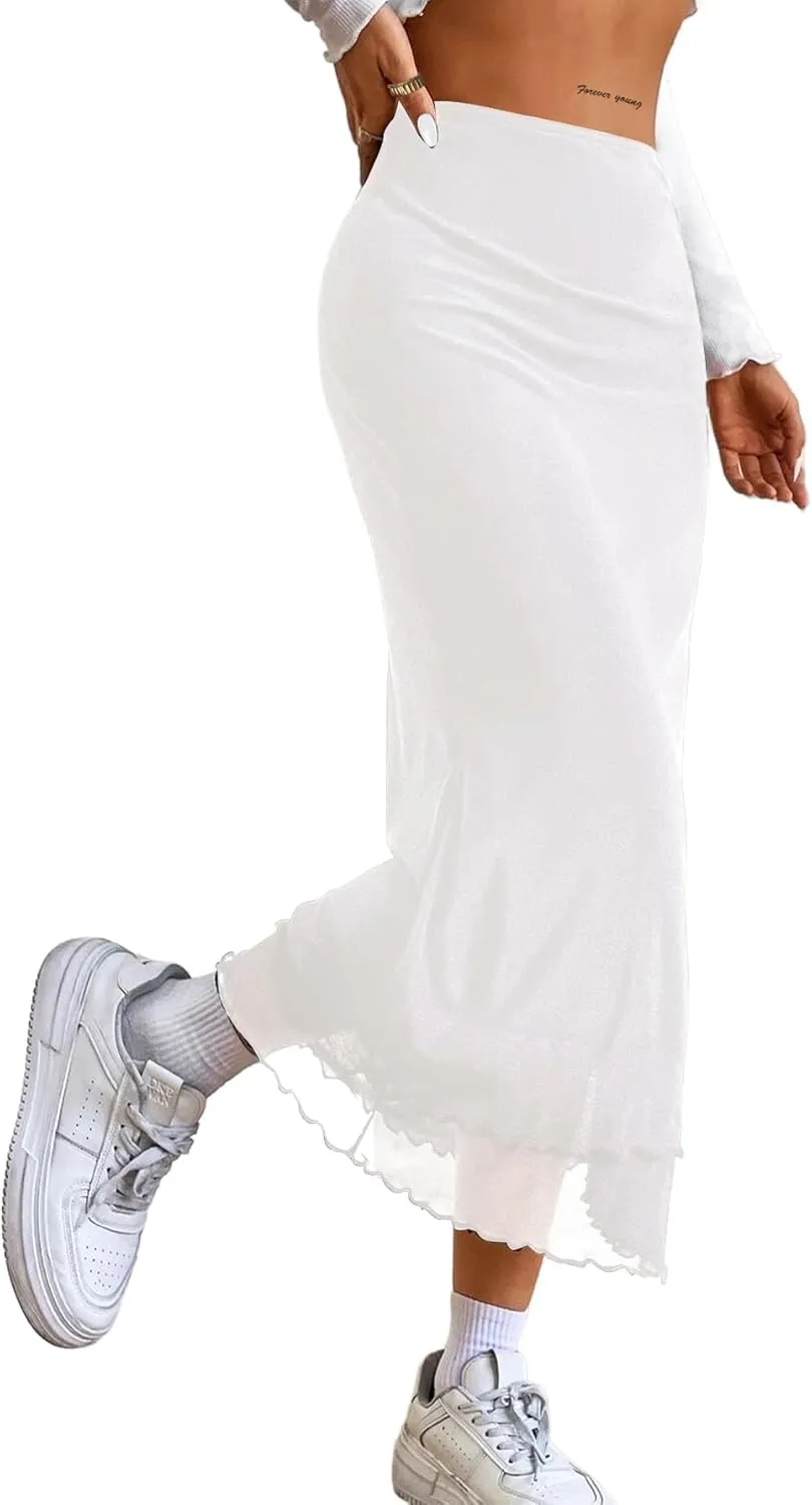 Avanova Women Mesh High Waist Midi Skirt Fishtail Bodycon Long Skirt