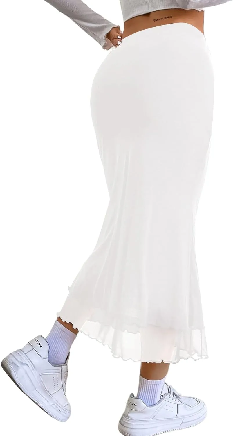 Avanova Women Mesh High Waist Midi Skirt Fishtail Bodycon Long Skirt