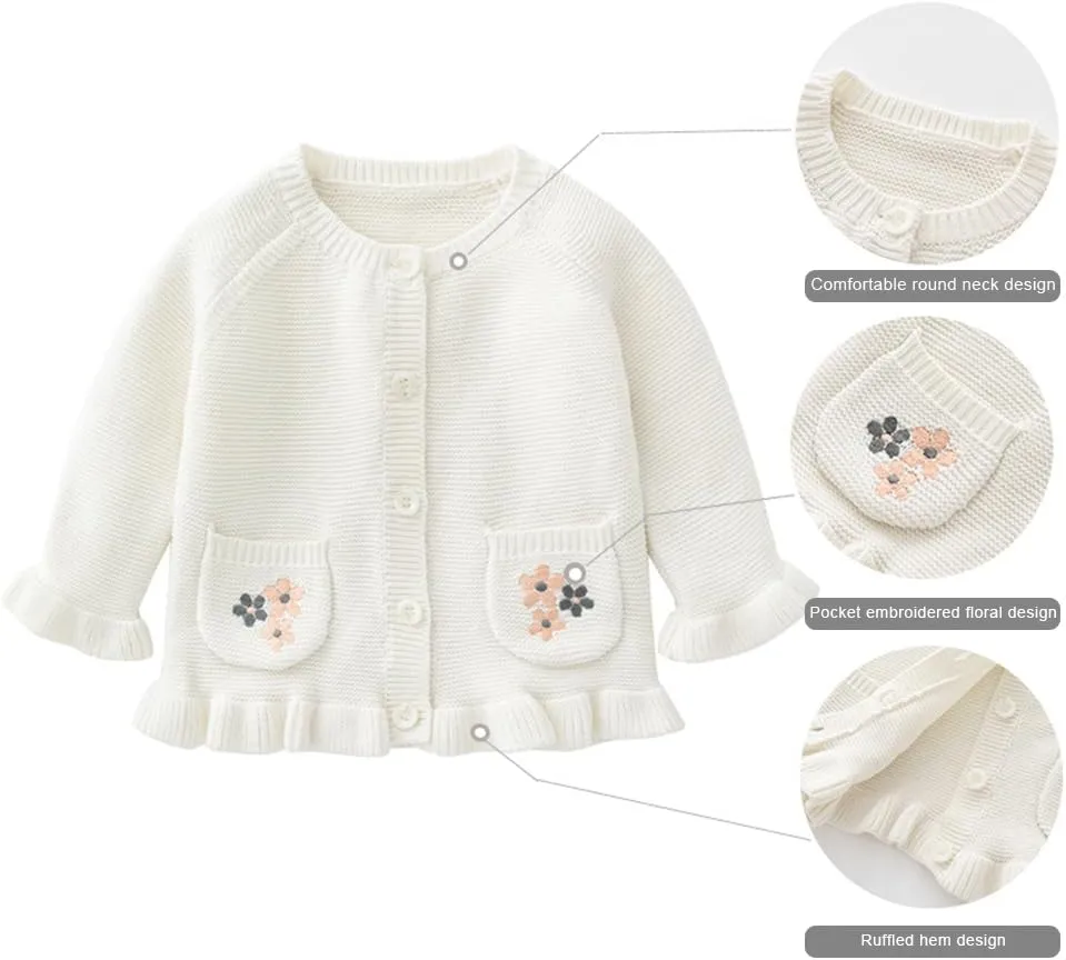 Baby Girls Knitted Cardigan Sweater Crewneck Knit Crochet Button Closure Cardigan Tops Coat Outwear for Toddler