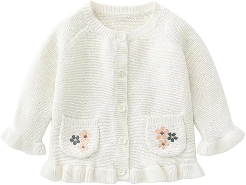 Baby Girls Knitted Cardigan Sweater Crewneck Knit Crochet Button Closure Cardigan Tops Coat Outwear for Toddler