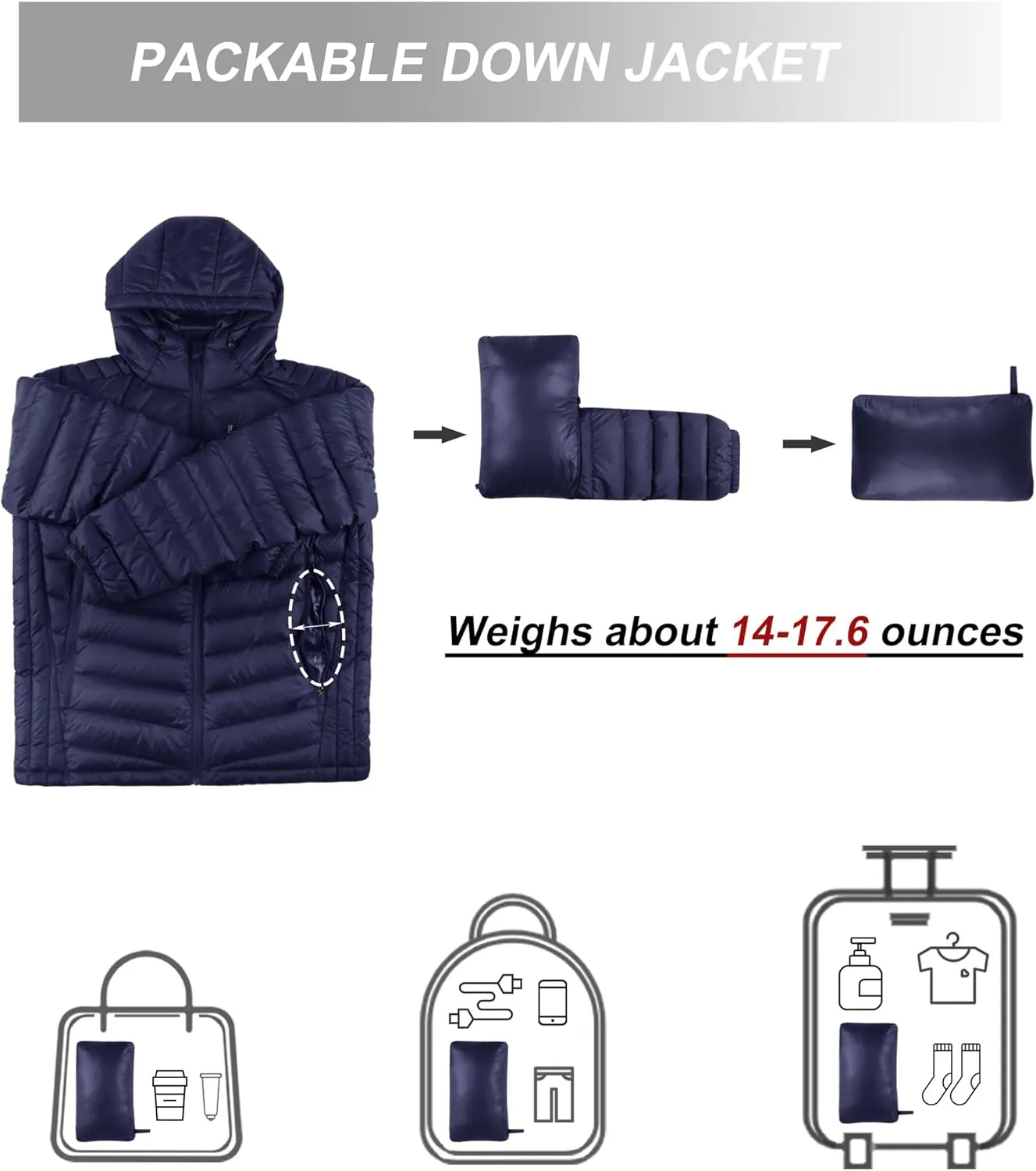 Bakery Men's Down Jacket Hooded Packable Down Puffer Jacket Lightweight Water-Resistant Insulated Down Jacket