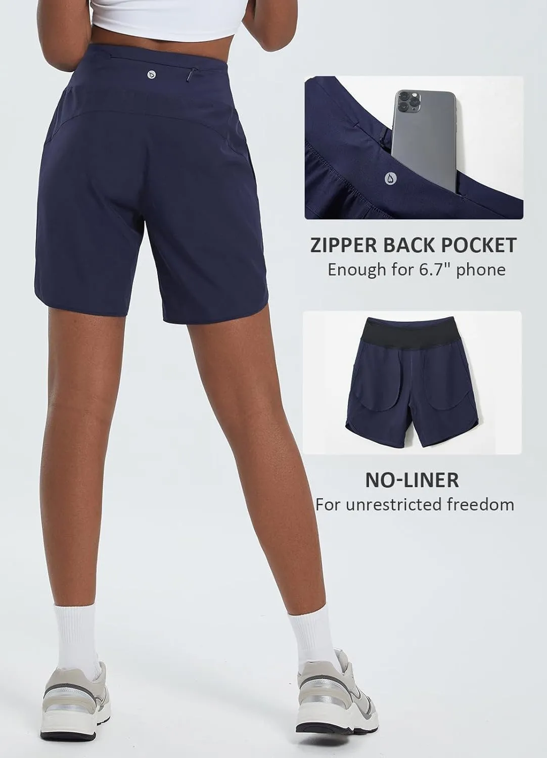 baleaf Women's 7" Athletic Long Running Shorts Workout Gym Quick Dry Hiking Shorts High Waisted Zipper Pocket