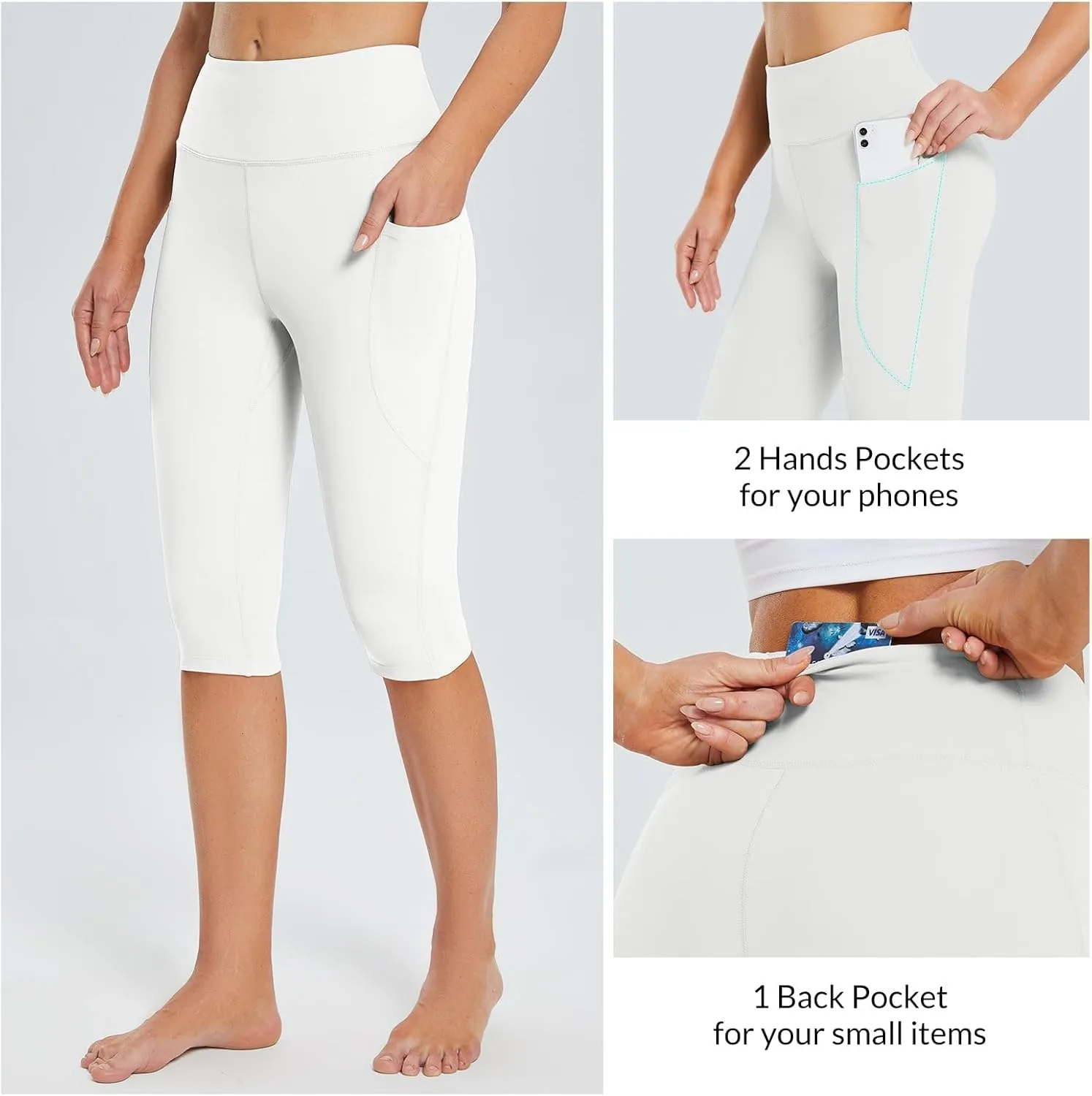 baleaf Women's Capri Leggings with Pockets High Waisted Knee Length Capris Stretch for Casual Yoga Pants Workout Exercise