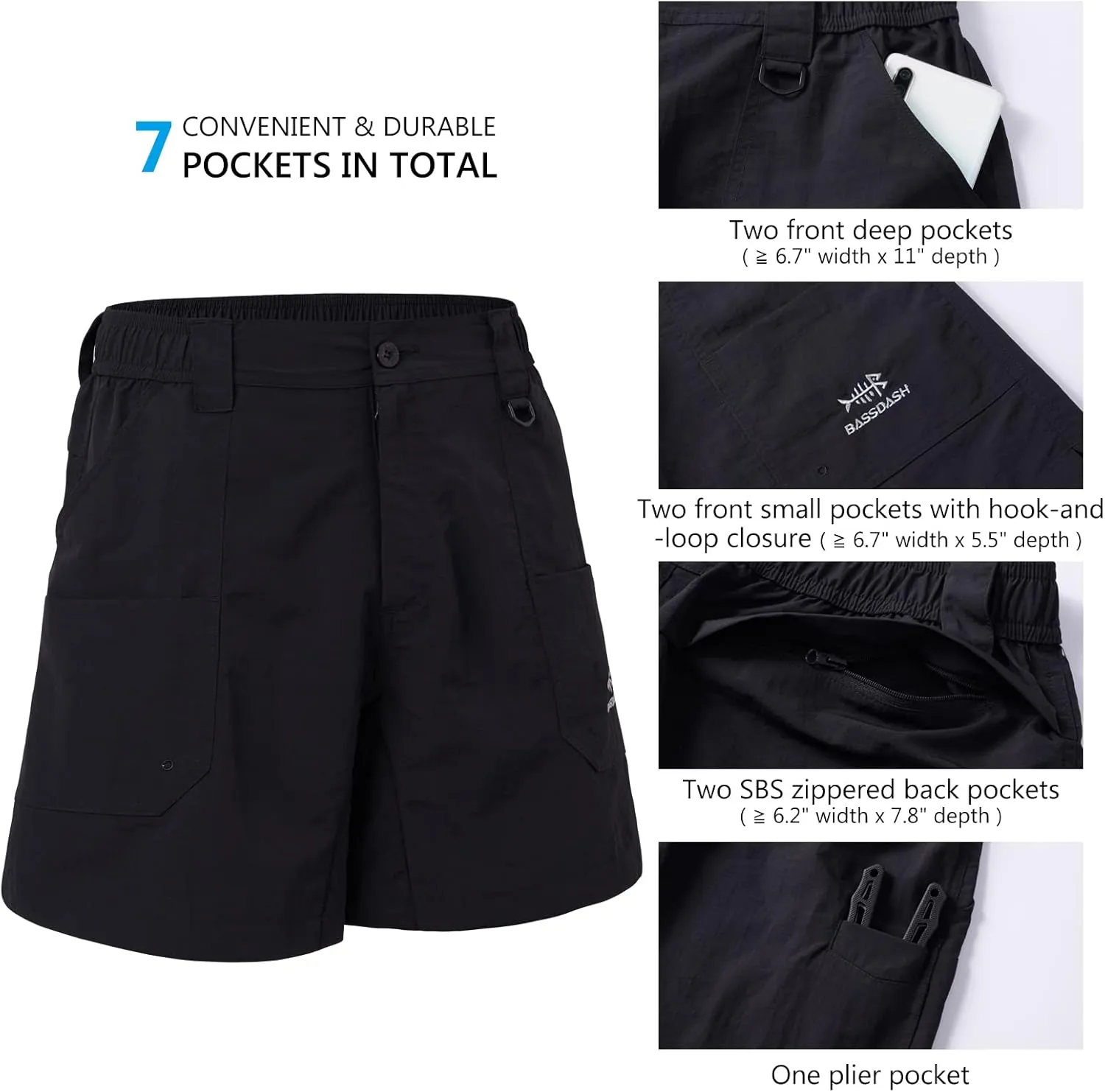 BASSDASH Men's 6" Fishing Shorts UPF 50  Water Resistant Quick Dry Hiking Cargo Shorts with Multi Pocket