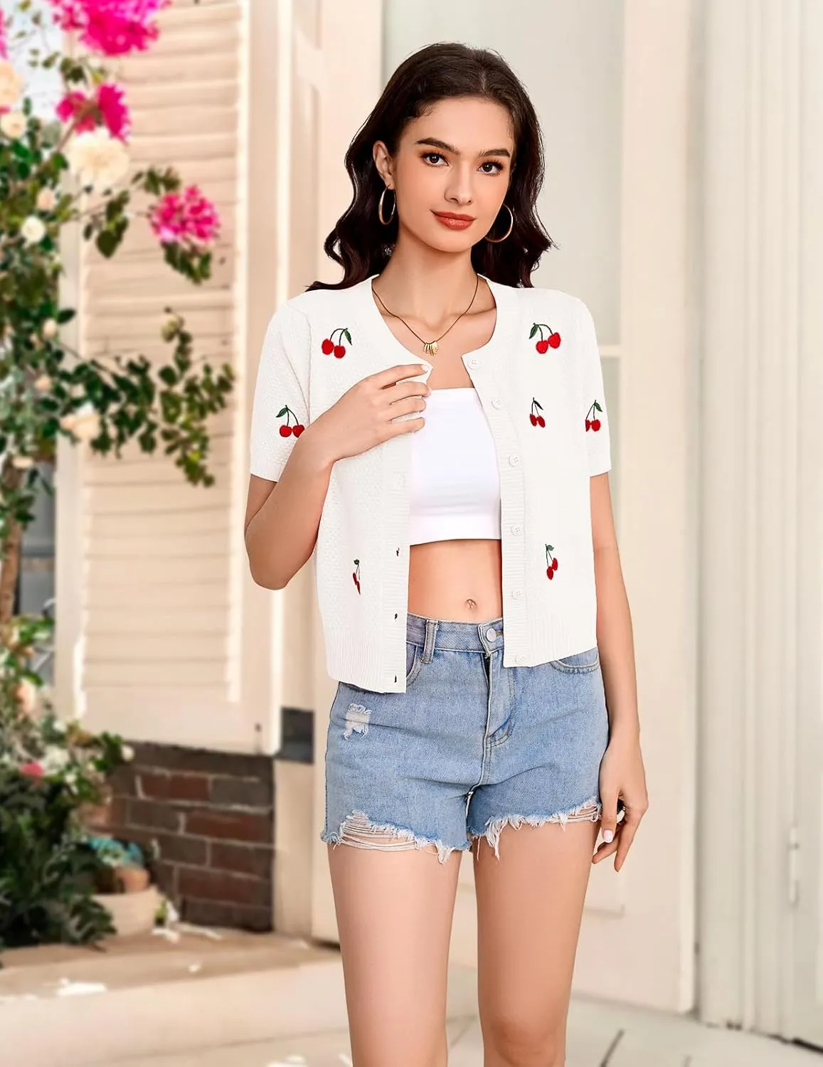 Bbonlinedress Women's Summer Cardigan Sweater Cropped Short Sleeve Button Down Knit Bolero Shrugs