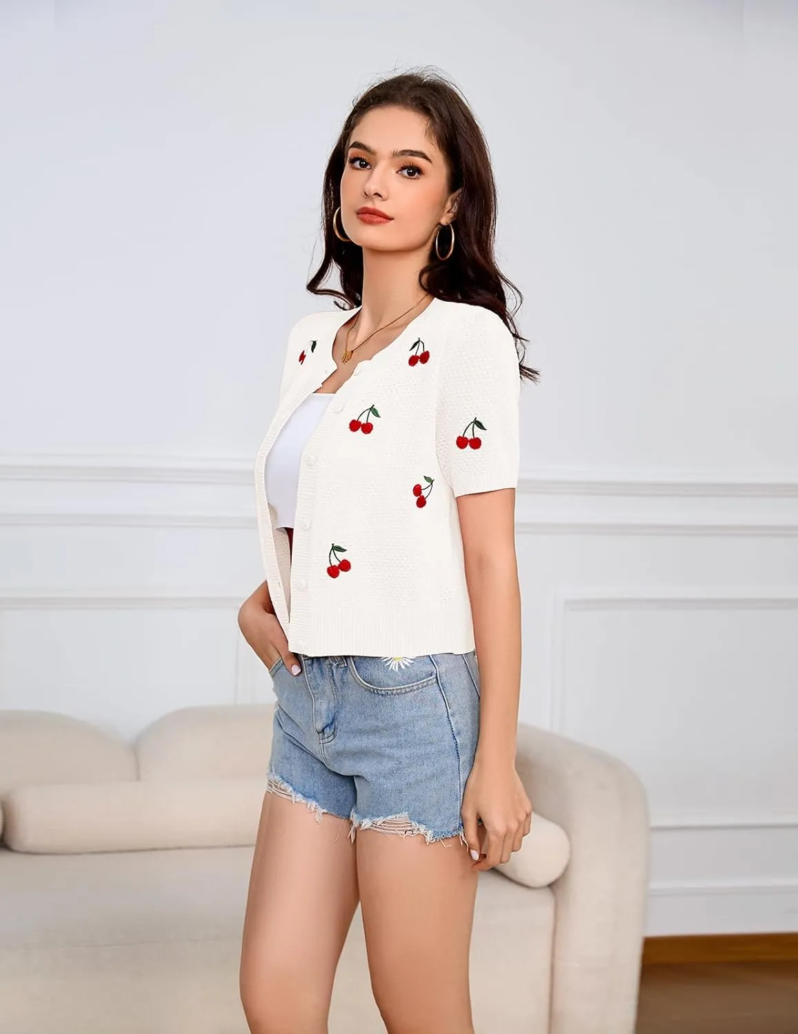 Bbonlinedress Women's Summer Cardigan Sweater Cropped Short Sleeve Button Down Knit Bolero Shrugs