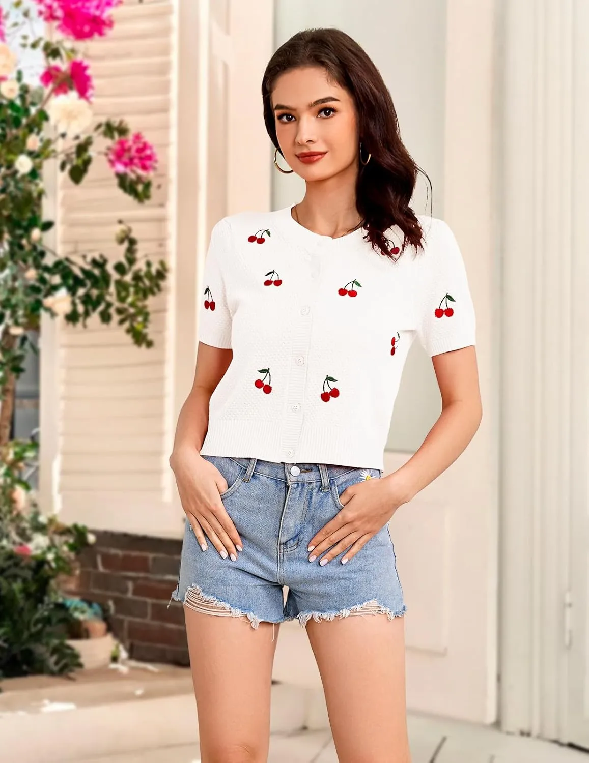 Bbonlinedress Women's Summer Cardigan Sweater Cropped Short Sleeve Button Down Knit Bolero Shrugs