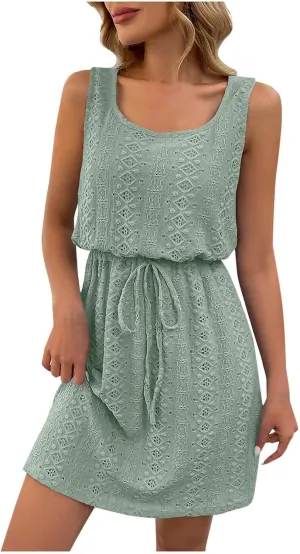Beach Dresses for Women 2025 Vacation Waisted Drawstring Solid Mini Dress Hollow Out Sleeveless Summer Sundresses