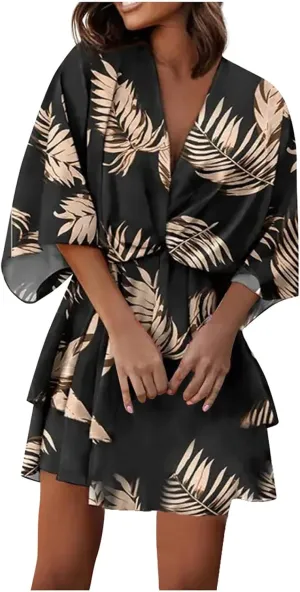 Beach Dresses for Women,2023 Summer Casual Trendy Loose Batwing Sleeve Mini Dress,Floral Flowy Hem Boho Dress