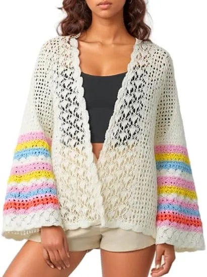 Bell Sleeve Crochet Cardigan for Women White | Lightweight Pointelle Knit Open Front Summer Cardigans | XL Size