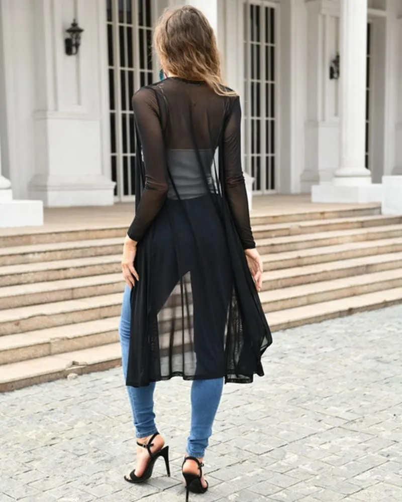 BelleLovin Womens Sexy Sheer Long Sleeve Cardigan See Through Mesh Cover Up
