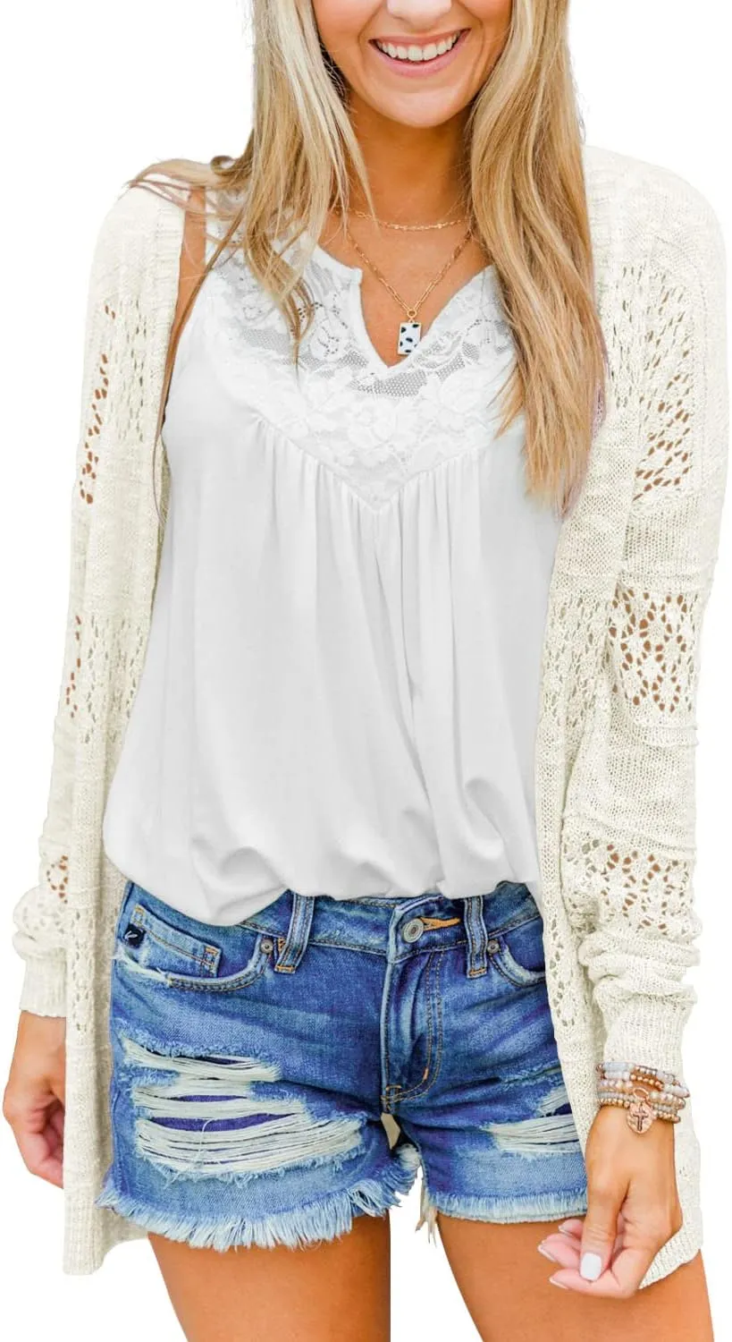 BESFLY Women's Knit-Cardigan Open Front Cardigan Sweater Casual Long Sleeve Mesh Crochet Coat