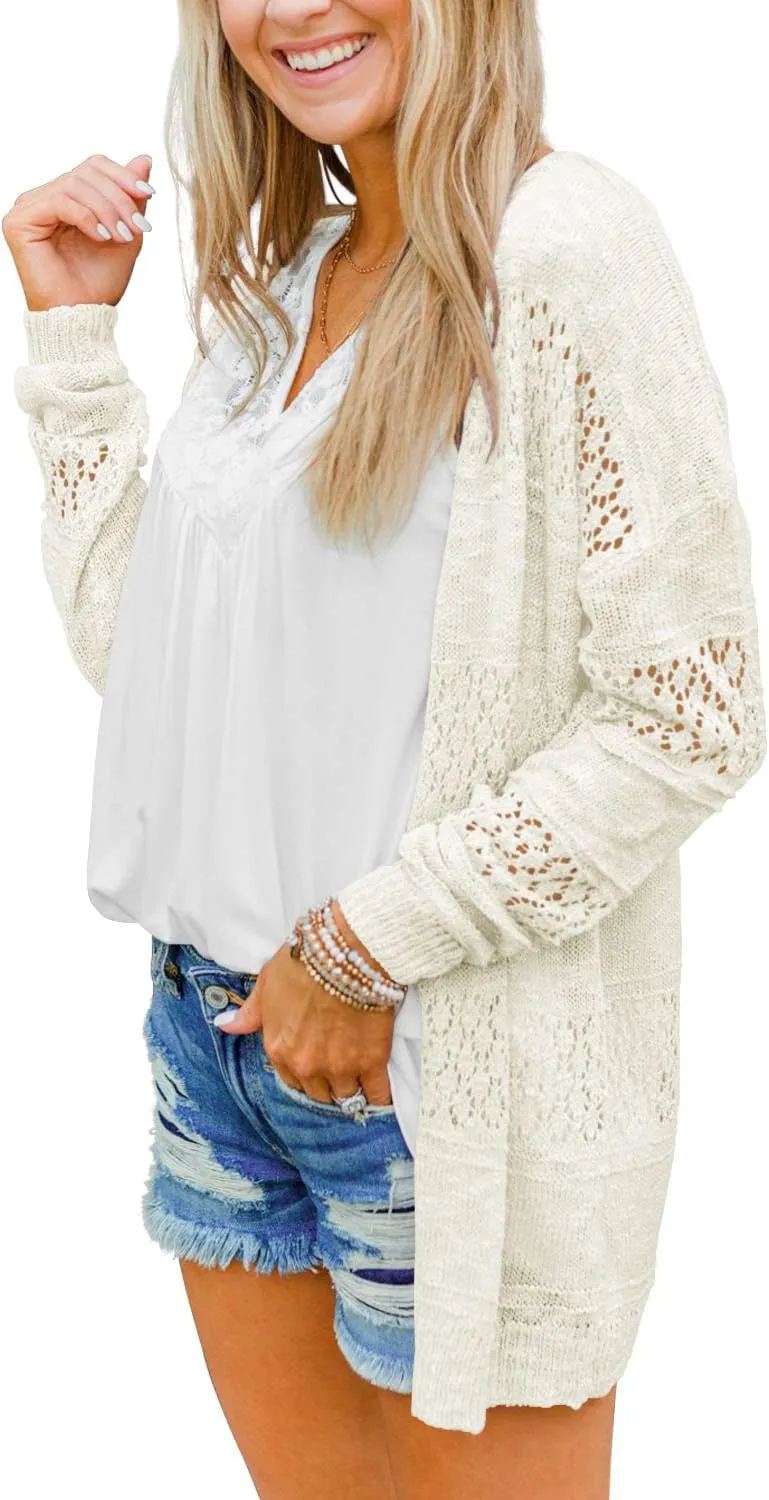 BESFLY Women's Knit-Cardigan Open Front Cardigan Sweater Casual Long Sleeve Mesh Crochet Coat