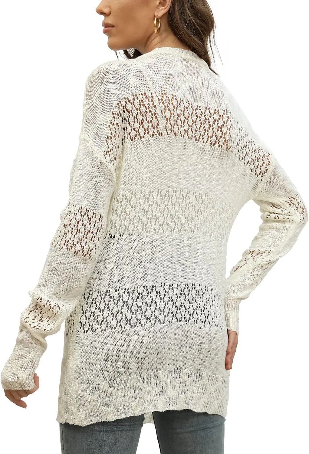 BESFLY Women's Knit-Cardigan Open Front Cardigan Sweater Casual Long Sleeve Mesh Crochet Coat