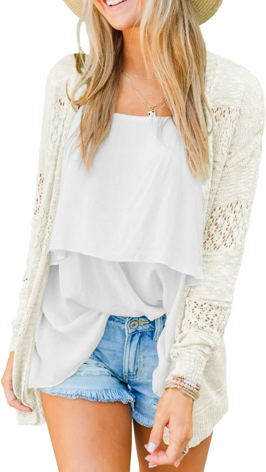 BESFLY Women's Knit-Cardigan Open Front Cardigan Sweater Casual Long Sleeve Mesh Crochet Coat