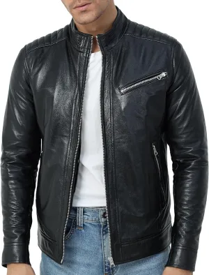Black Leather Jacket Men - Cafe Racer Style Real Lambskin Leather Motorcycle Jacket - Men's Biker Jacket - Logan