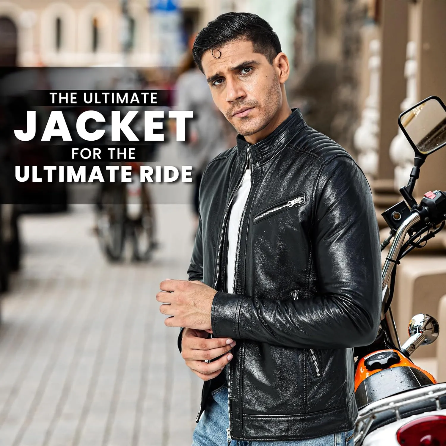 Black Leather Jacket Men - Cafe Racer Style Real Lambskin Leather Motorcycle Jacket - Men's Biker Jacket - Logan