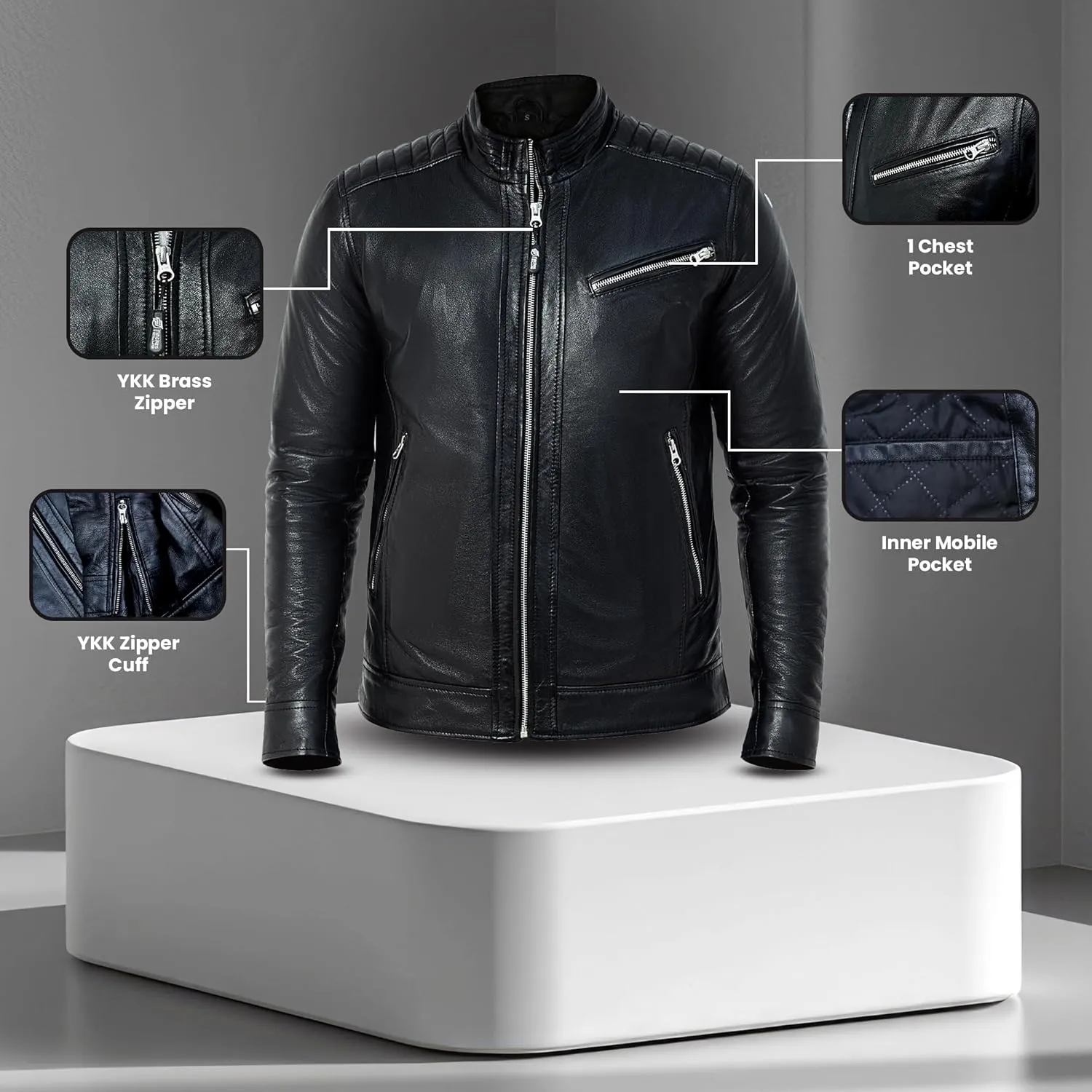 Black Leather Jacket Men - Cafe Racer Style Real Lambskin Leather Motorcycle Jacket - Men's Biker Jacket - Logan