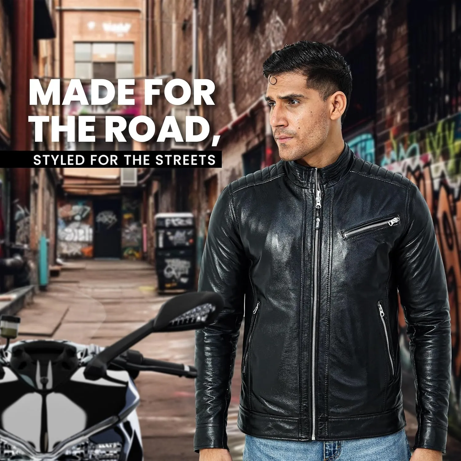 Black Leather Jacket Men - Cafe Racer Style Real Lambskin Leather Motorcycle Jacket - Men's Biker Jacket - Logan