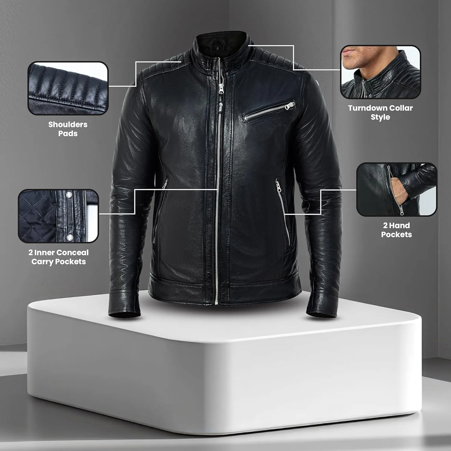 Black Leather Jacket Men - Cafe Racer Style Real Lambskin Leather Motorcycle Jacket - Men's Biker Jacket - Logan