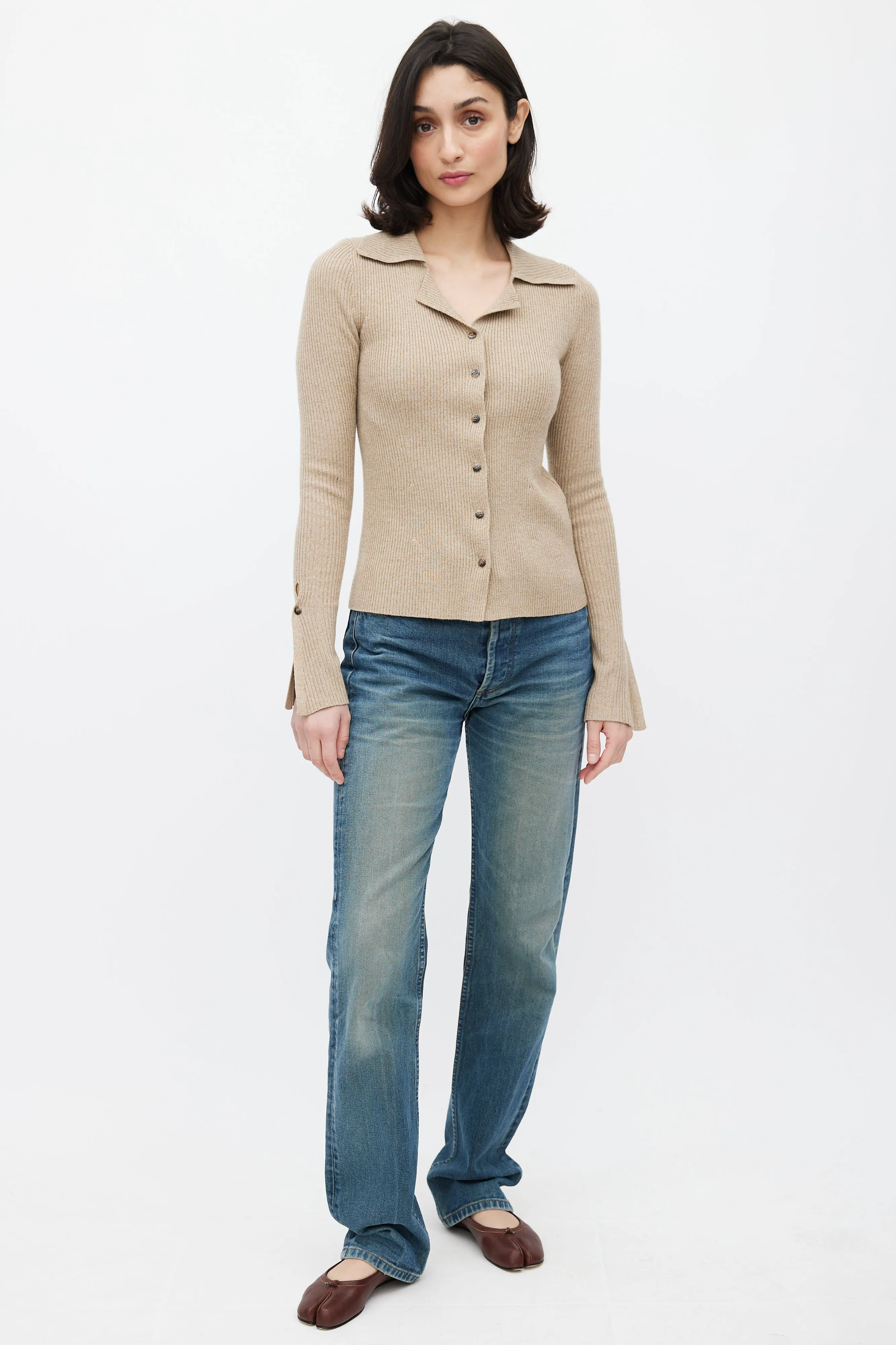 Brown Rib Knit Collared Cardigan