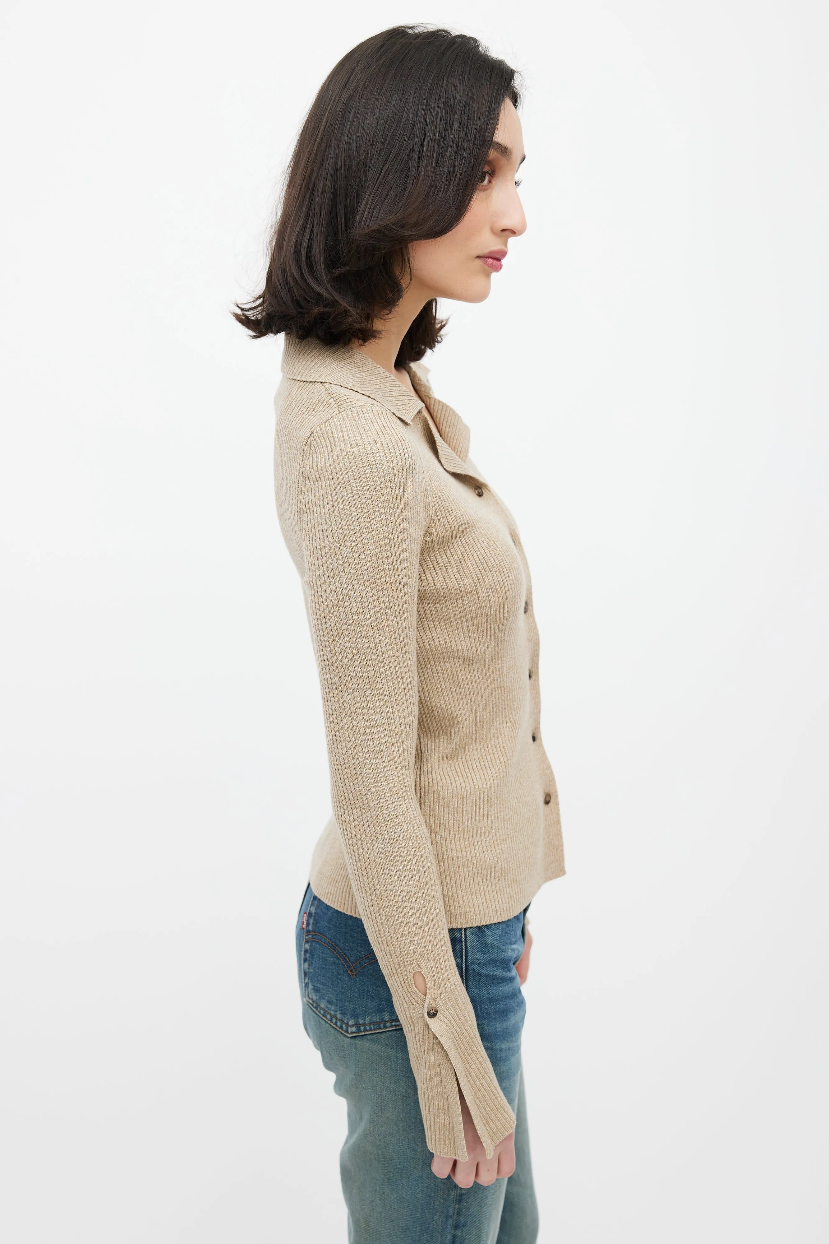 Brown Rib Knit Collared Cardigan