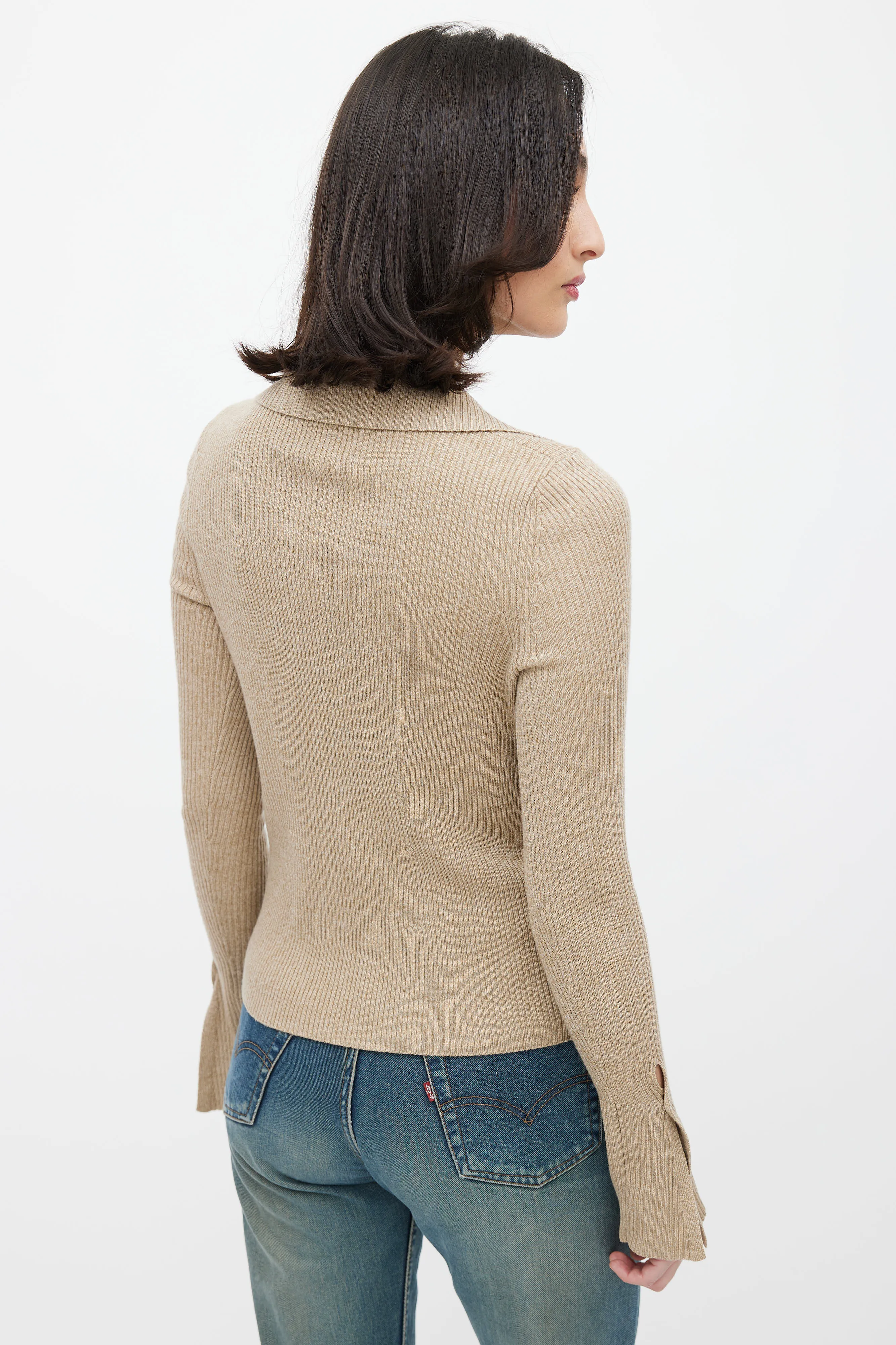 Brown Rib Knit Collared Cardigan