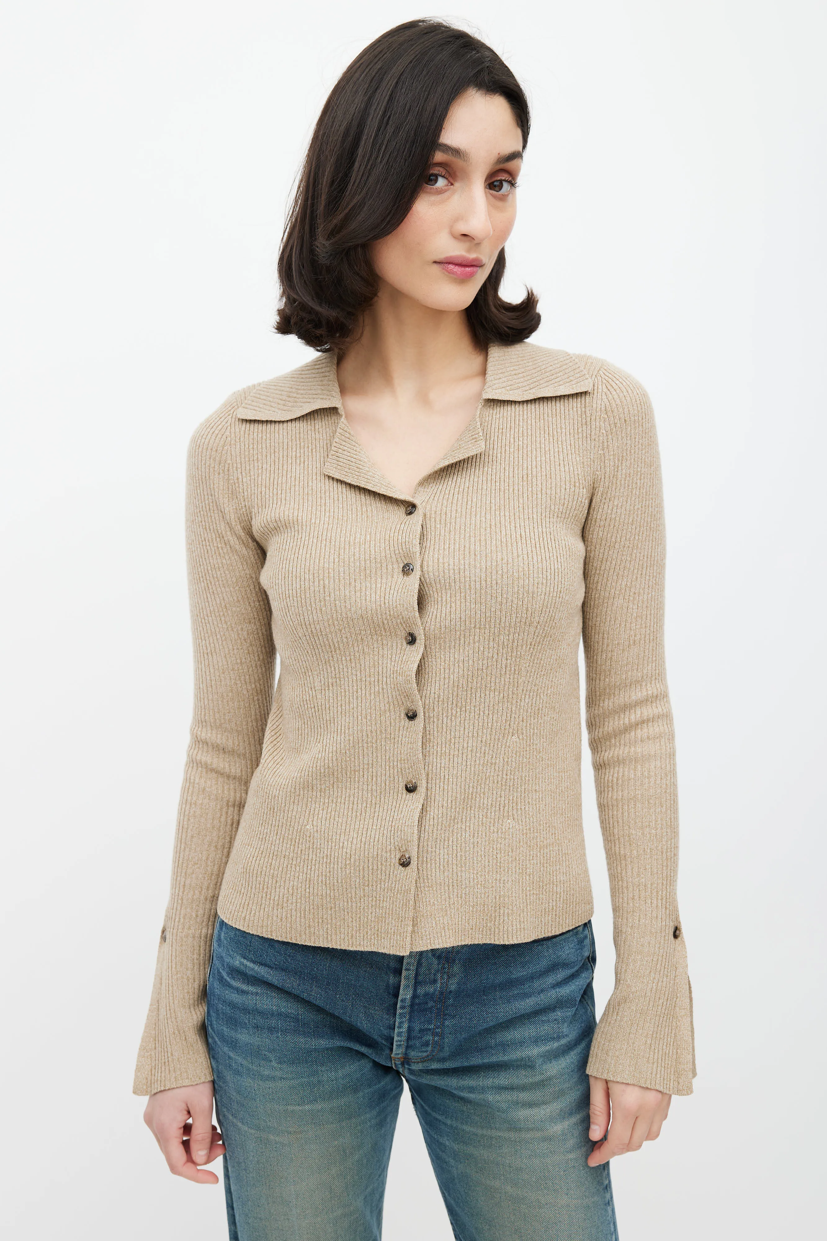 Brown Rib Knit Collared Cardigan