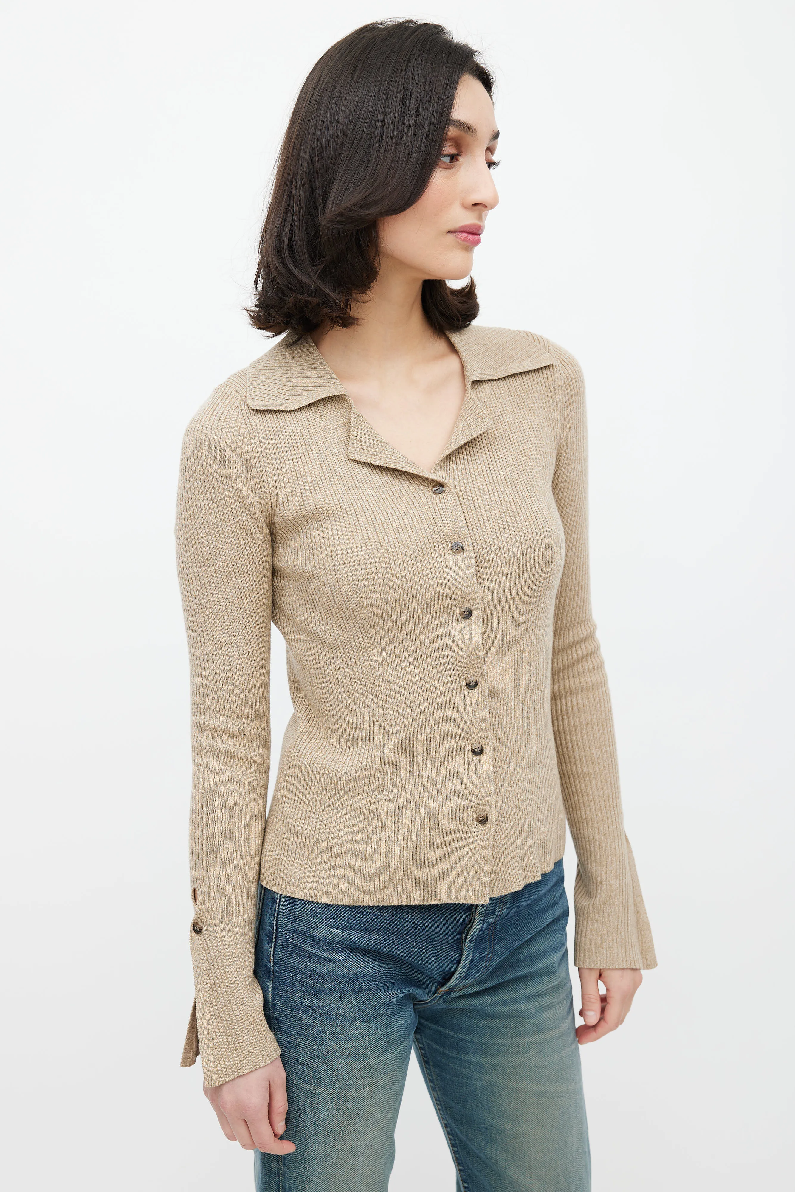 Brown Rib Knit Collared Cardigan