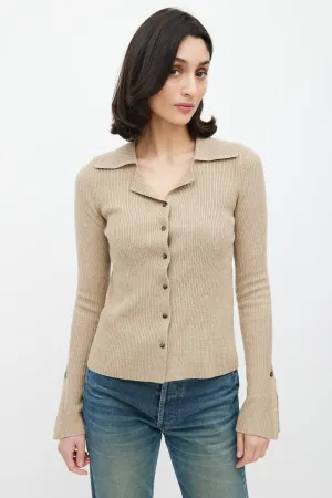 Brown Rib Knit Collared Cardigan