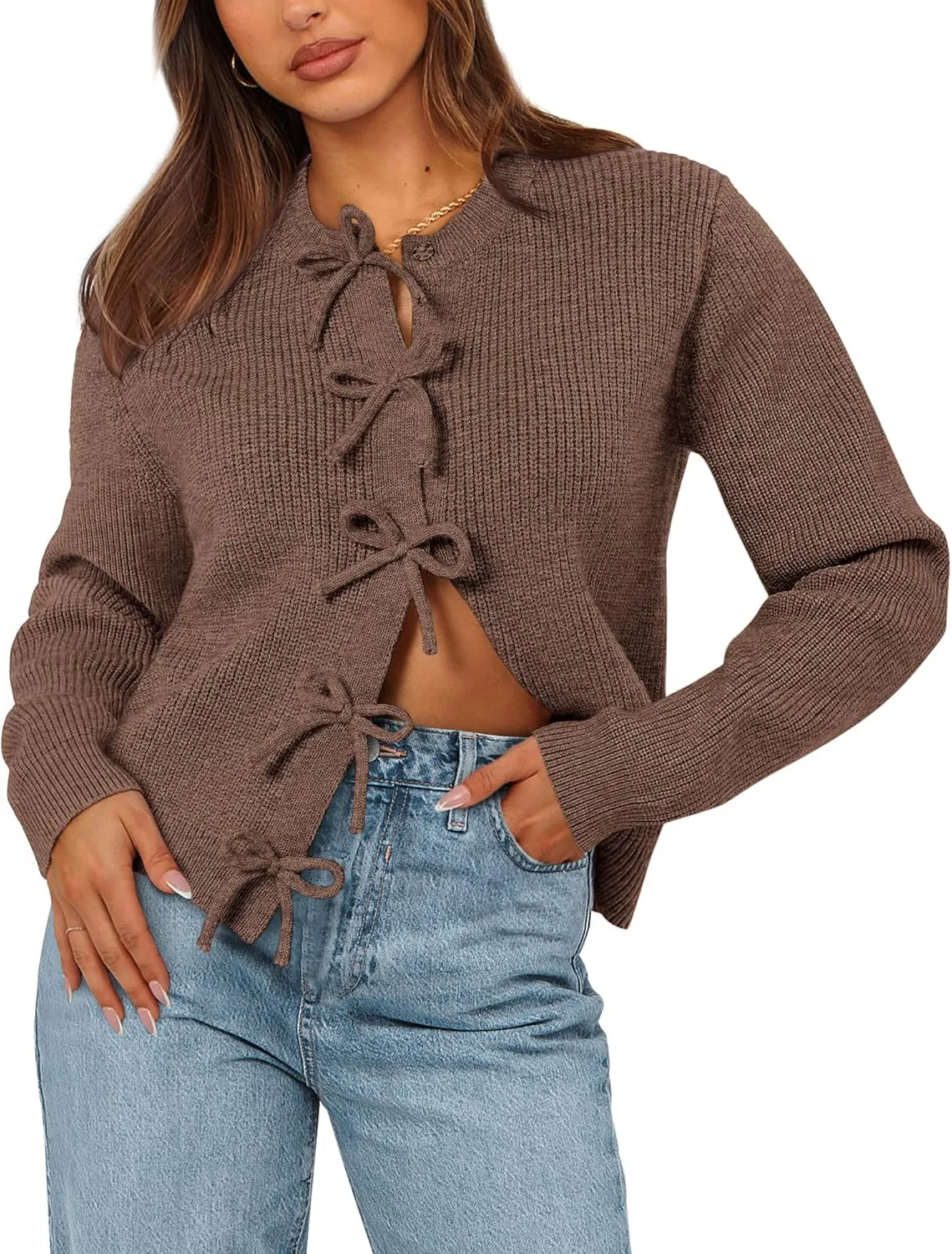 BTFBM Cardigan Sweaters for Women Trendy 2025 Fall Open Front Long Sleeve Button Down Bow Knot Cropped Lady Jacket
