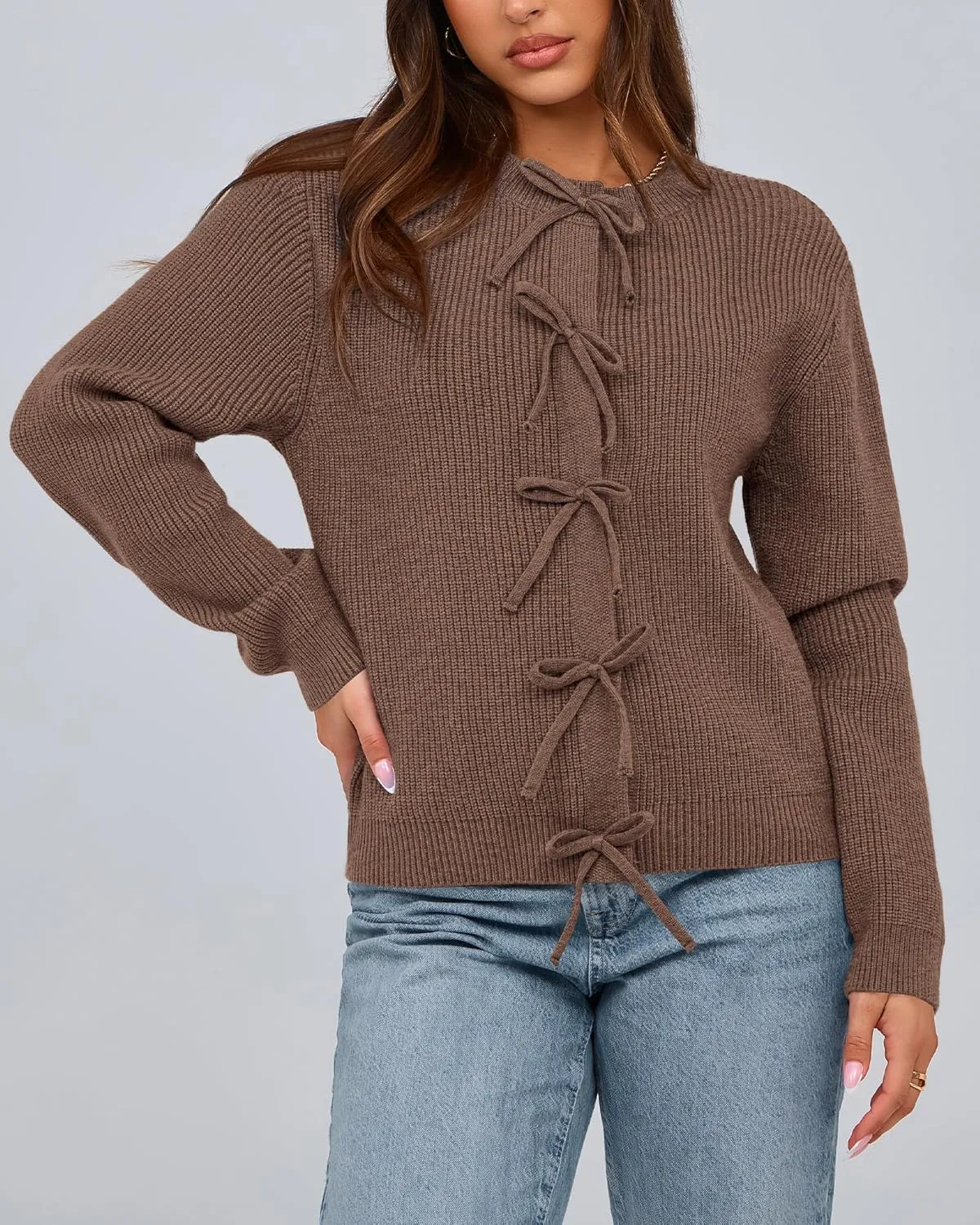 BTFBM Cardigan Sweaters for Women Trendy 2025 Fall Open Front Long Sleeve Button Down Bow Knot Cropped Lady Jacket