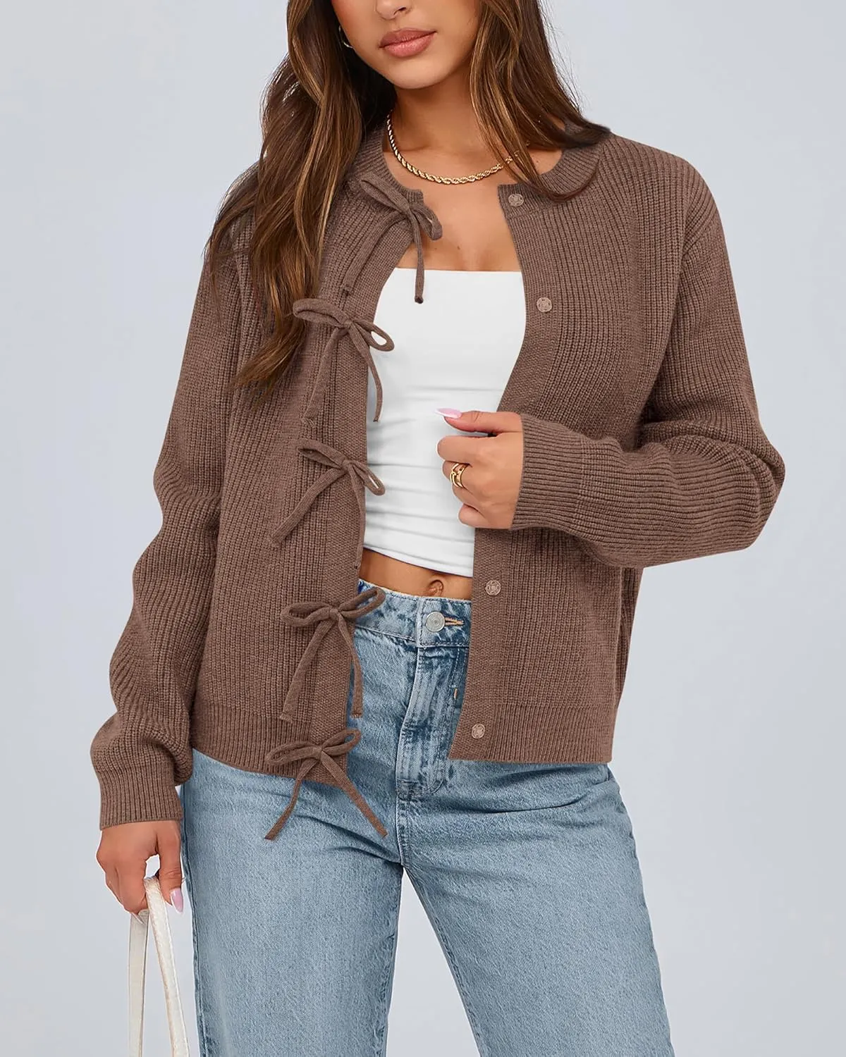 BTFBM Cardigan Sweaters for Women Trendy 2025 Fall Open Front Long Sleeve Button Down Bow Knot Cropped Lady Jacket