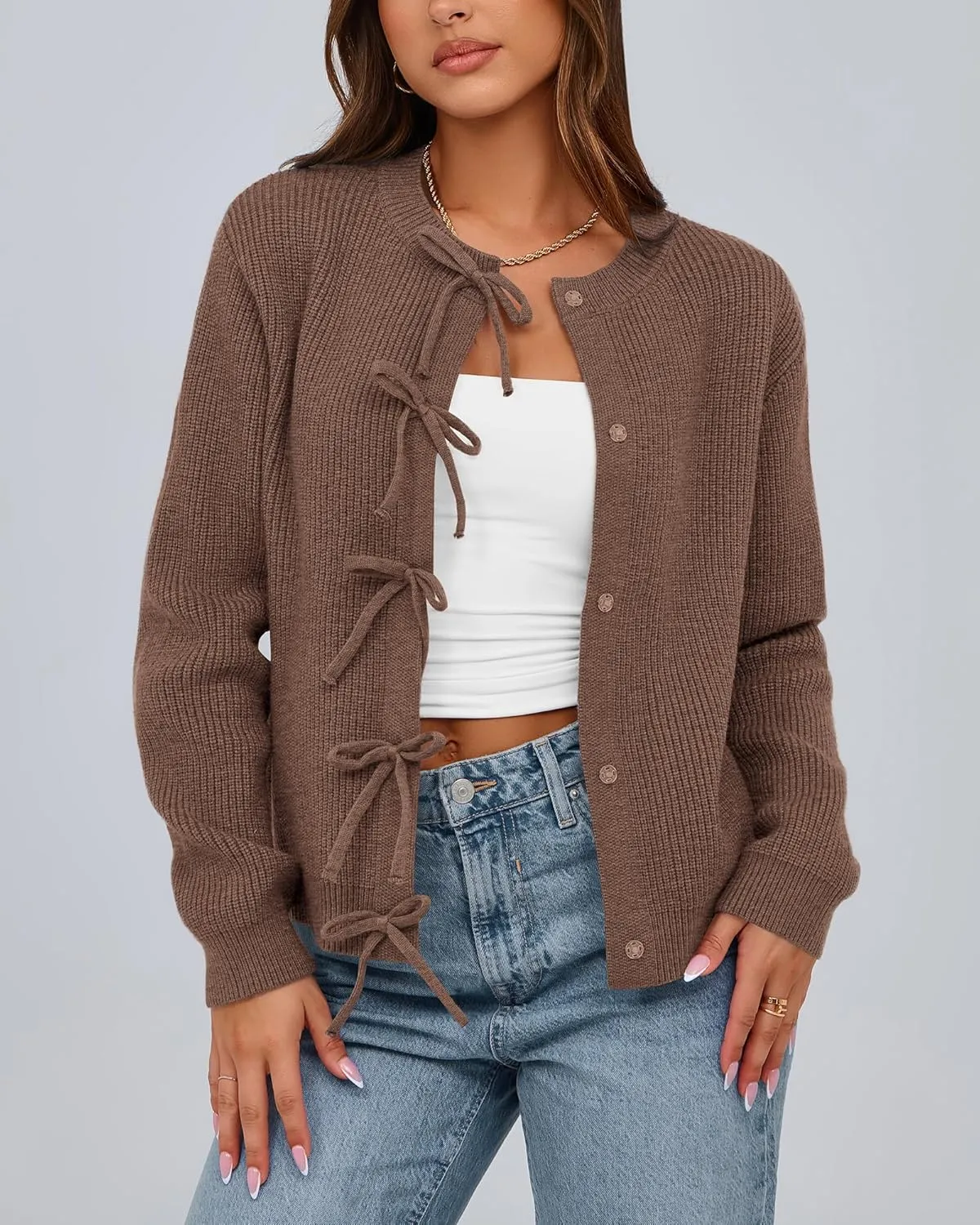 BTFBM Cardigan Sweaters for Women Trendy 2025 Fall Open Front Long Sleeve Button Down Bow Knot Cropped Lady Jacket