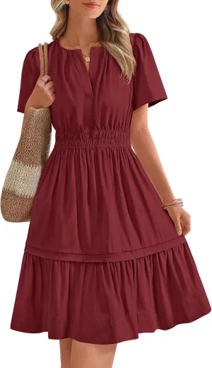 BTFBM Women's Casual Dresses 2025 Summer Spring V Neck Short Sleeve Sundress Smocked Waist A Line Tiered Mini Dress