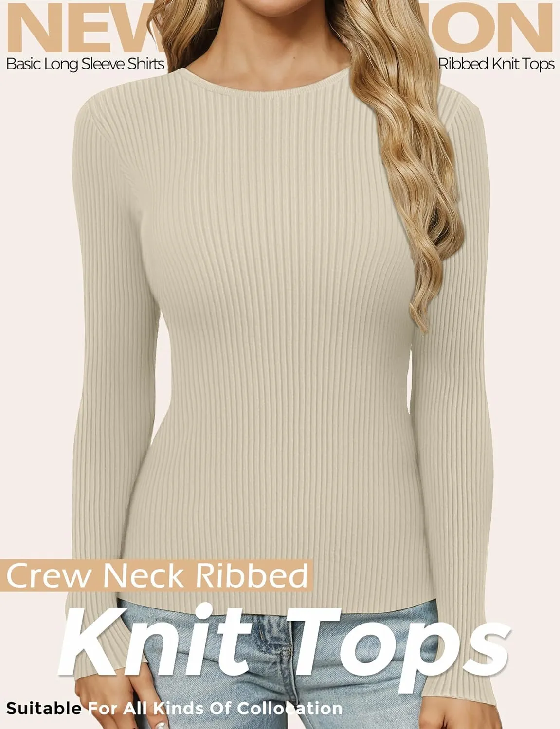 Buauty Women's Long Sleeve Crewneck Sweater 2025 Fall Ribbed Knit Fitted Shirts Slim Solid Pullovers Basic Casual Tee Tops