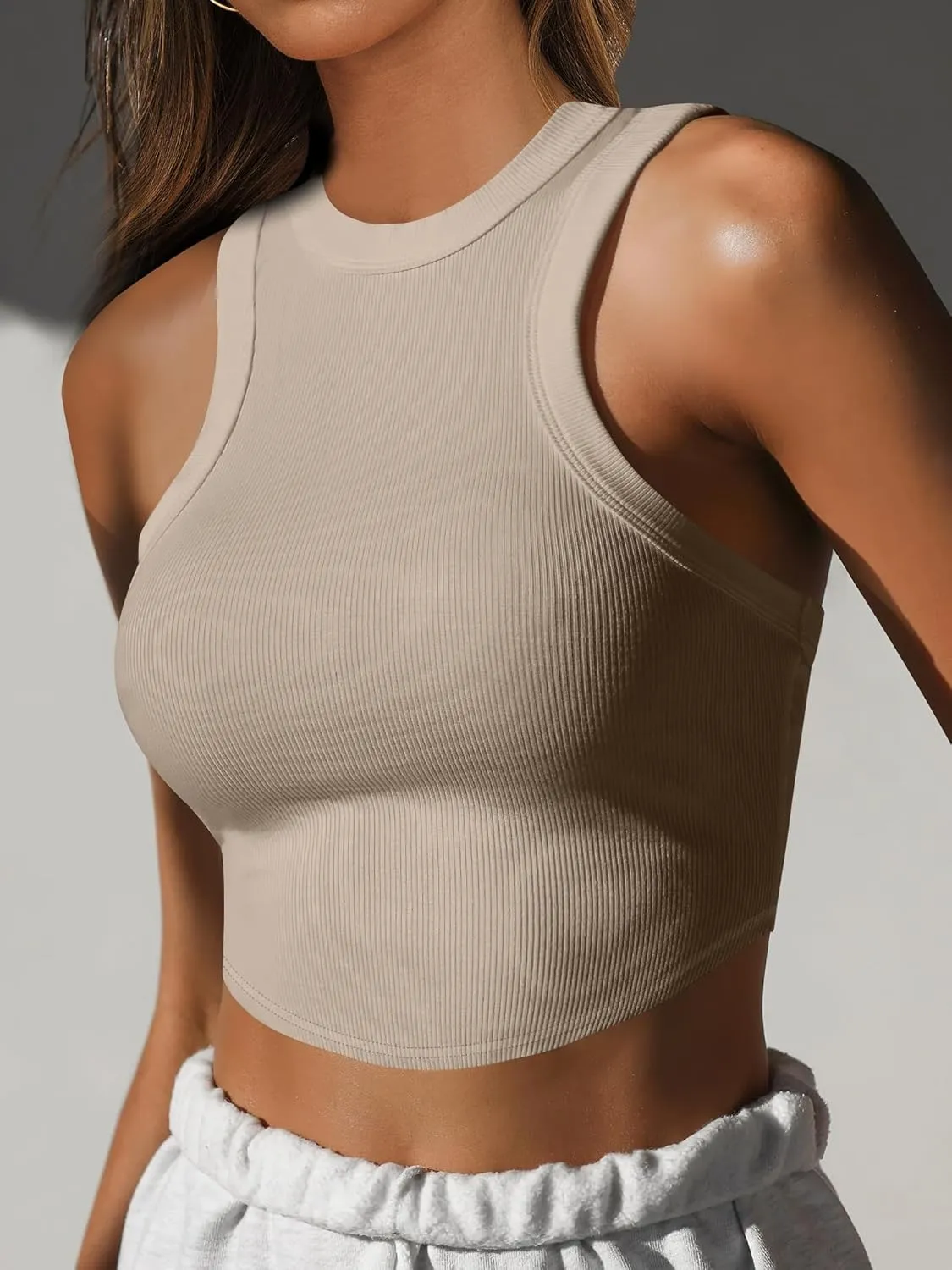 Caracilia Women Tank Tops High Neck Crop Tops Racerback Rib Knit Sleeveless Summer Basic Tee Shirts Workout Y2K Outfits