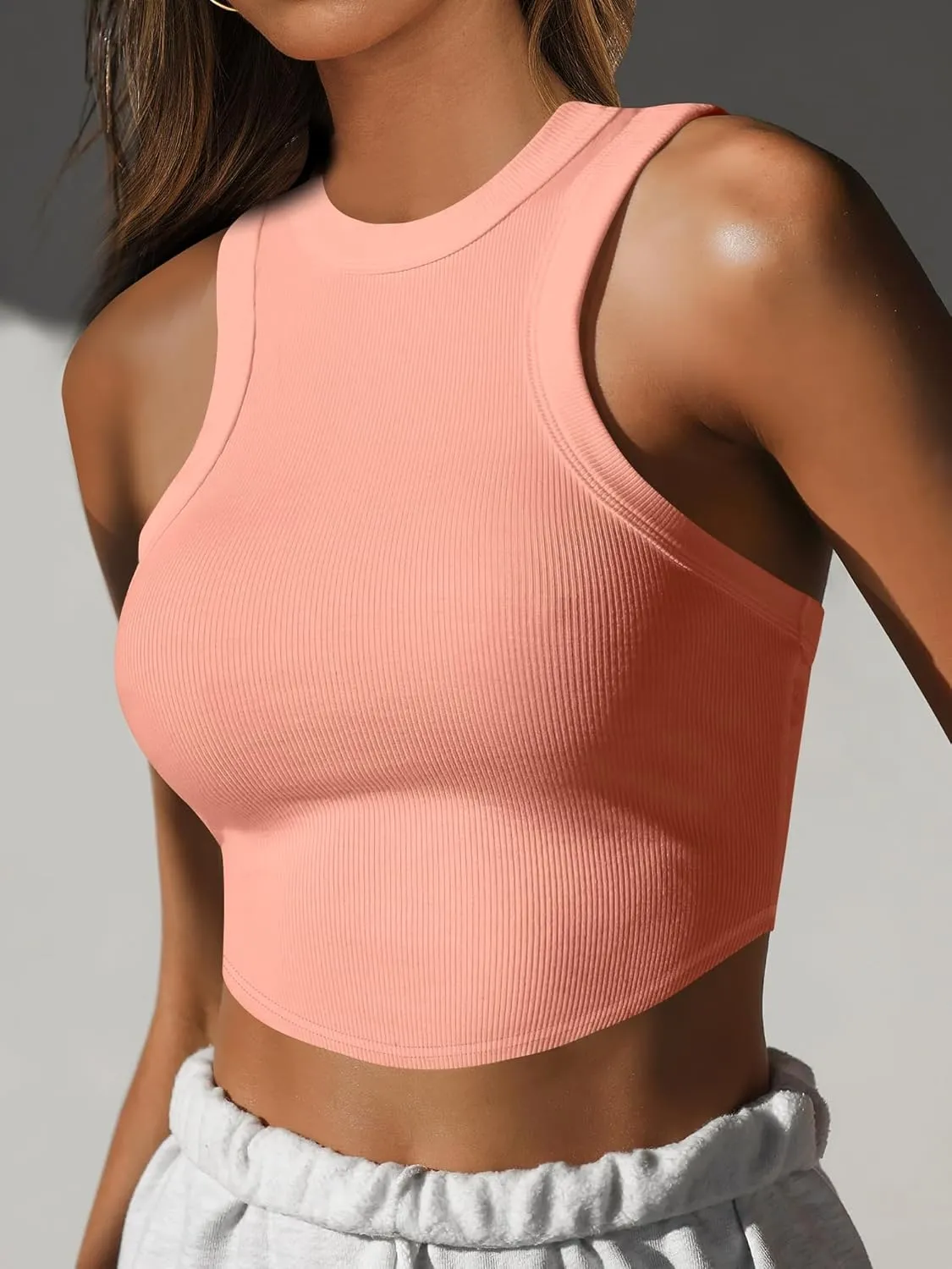 Caracilia Women Tank Tops High Neck Crop Tops Racerback Rib Knit Sleeveless Summer Basic Tee Shirts Workout Y2K Outfits