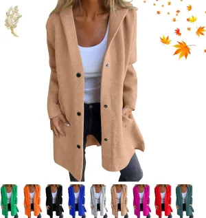 Casual Single Breasted Hooded Jacket for Autumn, Lightweight Lapel Long Sleeve Overcoat with Pocket for Women
