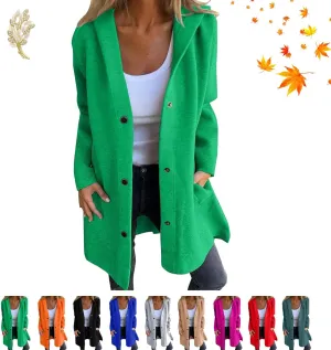 Casual Single Breasted Hooded Jacket for Autumn, Lightweight Lapel Long Sleeve Overcoat with Pocket for Women