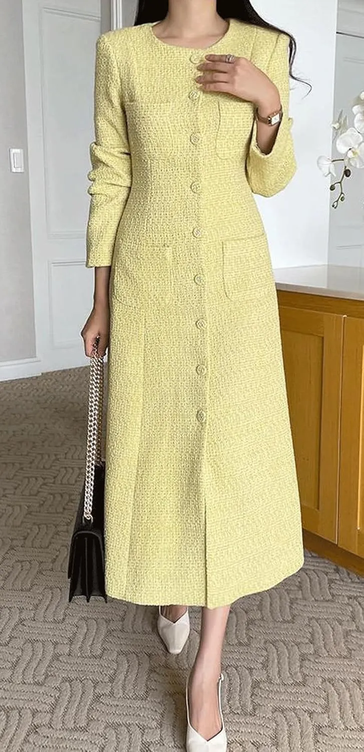 CHARTOU Women Tweed Dress Long Sleeve Single Breast Elegant Lady Long Tweed Blazer Dress