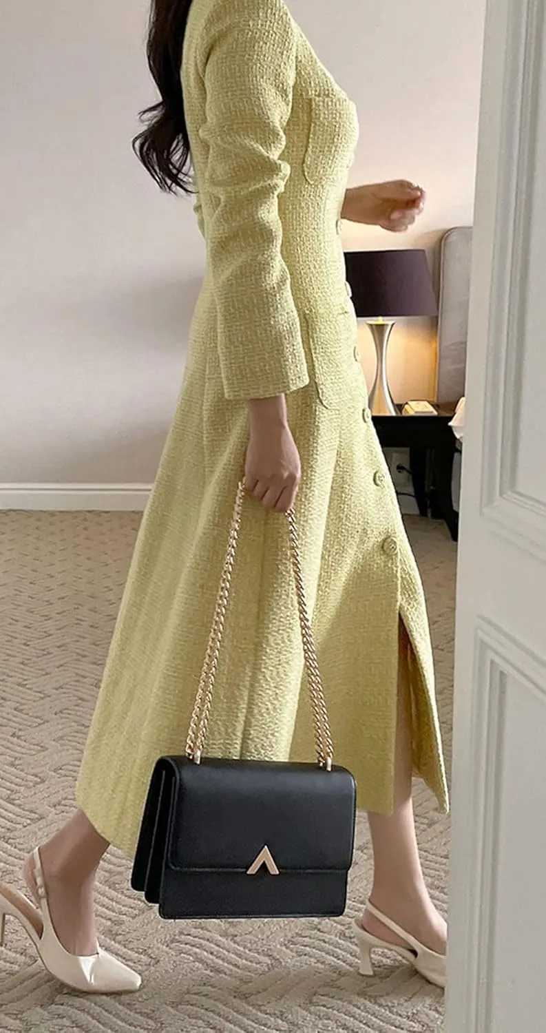 CHARTOU Women Tweed Dress Long Sleeve Single Breast Elegant Lady Long Tweed Blazer Dress