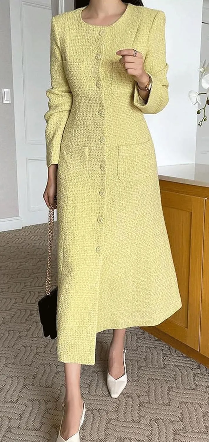 CHARTOU Women Tweed Dress Long Sleeve Single Breast Elegant Lady Long Tweed Blazer Dress