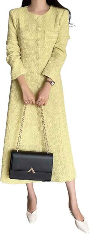 CHARTOU Women Tweed Dress Long Sleeve Single Breast Elegant Lady Long Tweed Blazer Dress