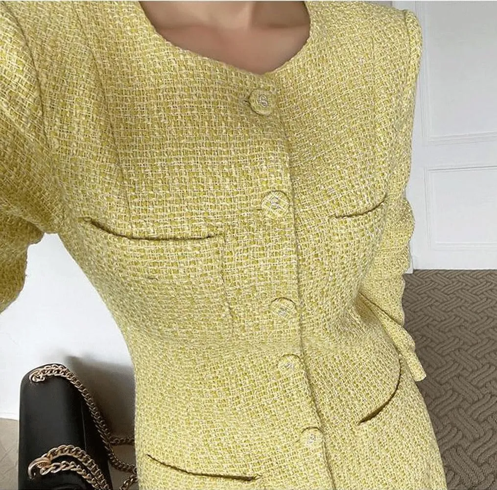 CHARTOU Women Tweed Dress Long Sleeve Single Breast Elegant Lady Long Tweed Blazer Dress